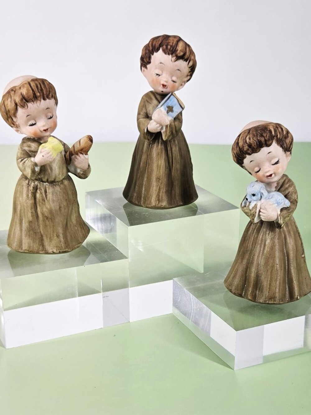 1970 Little Monks/Friars 3 Hand Painted Porcelain With Lamb Bible Bread Taiwan
